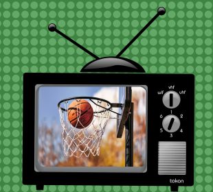 A graphic of a black tube-style television showing a basketball in a basketball net; a shot is sinking into the hoop. The video on the television is in colour with autumn leaves blurred behind the basketball and net.