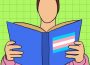 A person with a bun on top of their head reads a book, standing in front of a green grid background. The cover has no title, and has the trans flag on the cover. 