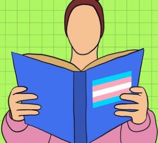 A person with a bun on top of their head reads a book, standing in front of a green grid background. The cover has no title, and has the trans flag on the cover. 