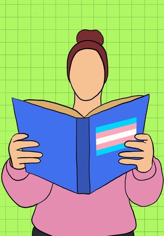 A person with a bun on top of their head reads a book, standing in front of a green grid background. The cover has no title, and has the trans flag on the cover. 