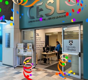 The CESL is pictured with its doors open, lights on, and people inside. Laid overtop the photo is multi-coloured confetti.