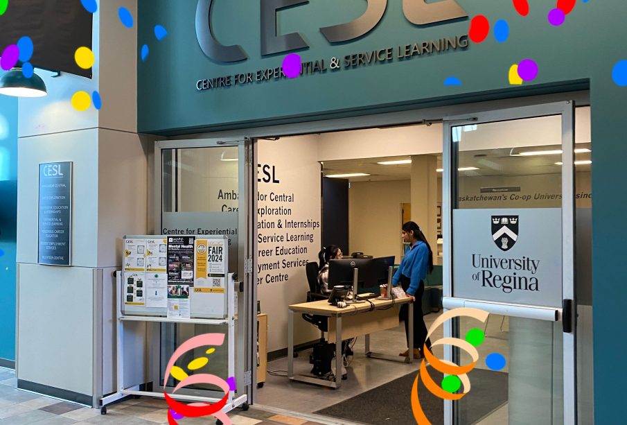 The CESL is pictured with its doors open, lights on, and people inside. Laid overtop the photo is multi-coloured confetti.
