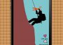 A rock climber climbing a cliff. Their safety line has big red scissors about to cut the line.