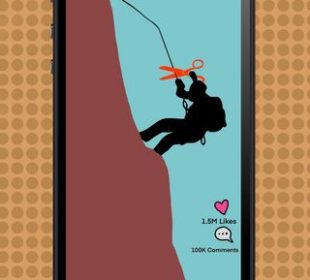 A rock climber climbing a cliff. Their safety line has big red scissors about to cut the line.