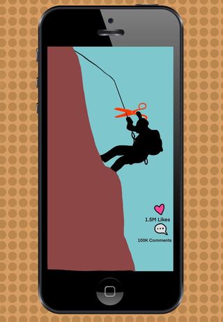 A rock climber climbing a cliff. Their safety line has big red scissors about to cut the line.