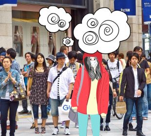 A photo of a person in a mask, in a crowd of other pedestrians. They look nervous and overcome with thoughts.