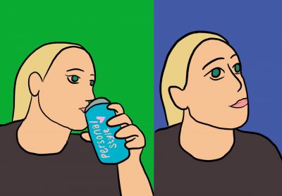 A drawing of a person drinking from a can labelled “Personal Style.” In the second panel, there’s a drawing of them looking surprised but appreciative of their experience. It is a redraw of the Kombucha girl meme.
