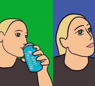 A drawing of a person drinking from a can labelled “Personal Style.” In the second panel, there’s a drawing of them looking surprised but appreciative of their experience. It is a redraw of the Kombucha girl meme.