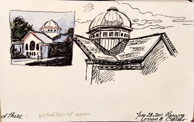 A black ink sketch of a building and a smaller watercolour painting of the same building on a sketchbook page. On the bottom right hand corner is a label for the art: “June 28, 2011 Mercury Lesson 8 CSBTour.”