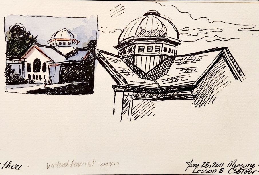 A black ink sketch of a building and a smaller watercolour painting of the same building on a sketchbook page. On the bottom right hand corner is a label for the art: “June 28, 2011 Mercury Lesson 8 CSBTour.”