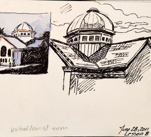 A black ink sketch of a building and a smaller watercolour painting of the same building on a sketchbook page. On the bottom right hand corner is a label for the art: “June 28, 2011 Mercury Lesson 8 CSBTour.”