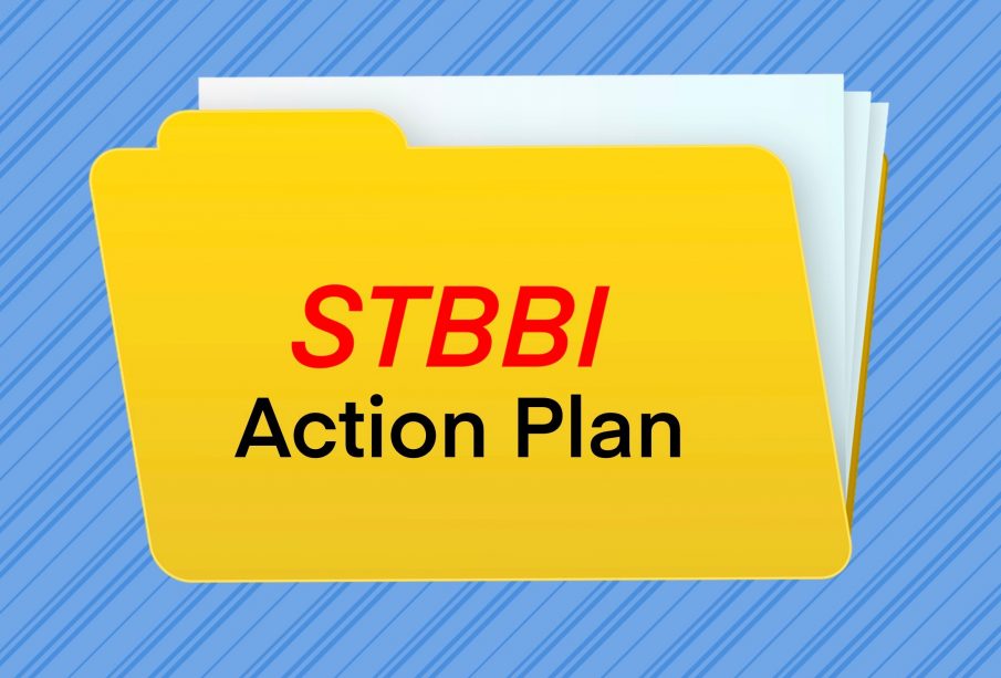 A yellow file folder with a stack of white paper inside is titled “STBBI Action Plan” and rests against a blue striped background. 