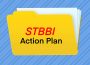 A yellow file folder with a stack of white paper inside is titled “STBBI Action Plan” and rests against a blue striped background. 