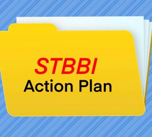 A yellow file folder with a stack of white paper inside is titled “STBBI Action Plan” and rests against a blue striped background. 