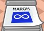 A graphic of the Métis flag (a blue flag with a white infinity symbol in the middle of it) on top of a daily number calendar for March.