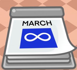 A graphic of the Métis flag (a blue flag with a white infinity symbol in the middle of it) on top of a daily number calendar for March.