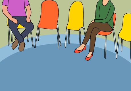 Five chairs are arranged in a line, two orange and three yellow in an alternating pattern. Two people sit in two chairs, and three chairs are empty.