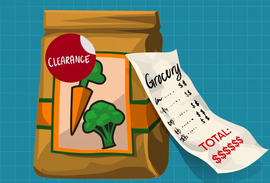 A bag of groceries marked “clearance” sits in front of a blue background. The reciept beside the bag reads “TOTAL: $$$$$$.”