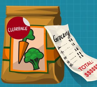 A bag of groceries marked “clearance” sits in front of a blue background. The reciept beside the bag reads “TOTAL: $$$$$$.”