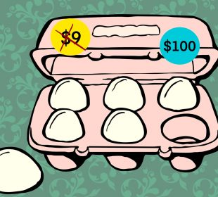 A six-pack of eggs with one egg outside the pink carton. The carton is priced at $100, with a $9 price tag crossed out.