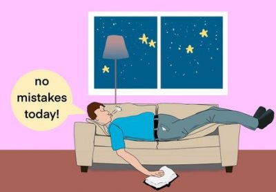 A sketch of a person sleeping on a couch. A window view shows it is night.