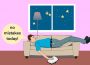 A sketch of a person sleeping on a couch. A window view shows it is night.