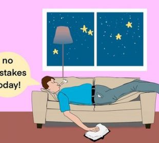 A sketch of a person sleeping on a couch. A window view shows it is night.