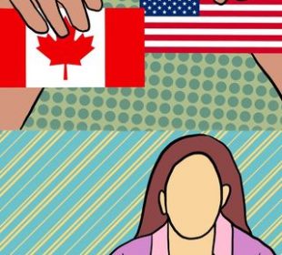 A redraw of the “They’re the same picture.” meme. The top section is a person’s hands holding up a Canadian flag and a Star Spangled Banner flag. The bottom section is a drawing of the original meme character saying, “They’re the same politics.”