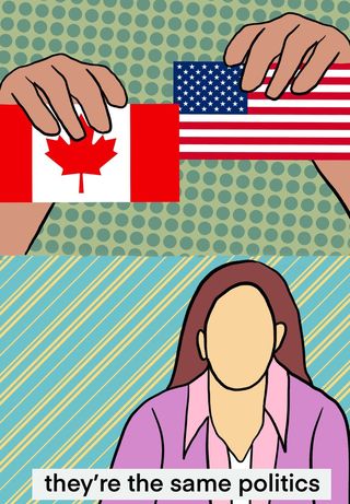 A redraw of the “They’re the same picture.” meme. The top section is a person’s hands holding up a Canadian flag and a Star Spangled Banner flag. The bottom section is a drawing of the original meme character saying, “They’re the same politics.”