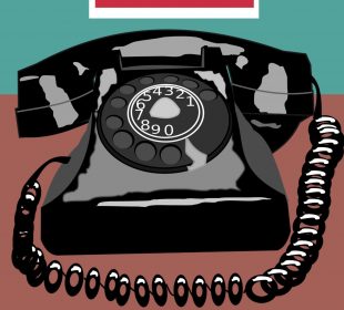 A black rotary dial telephone sits on a table with the Canadian Human Trafficking Hotline’s phone number (1-833-900-1010) above it.