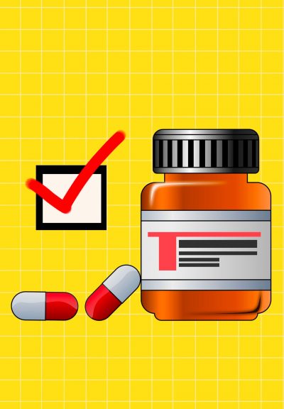 A translucent empty orange pill bottle with two grey and red pills beside it. There is a checkmarked box beside the pill bottle.