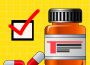 A translucent empty orange pill bottle with two grey and red pills beside it. There is a checkmarked box beside the pill bottle.