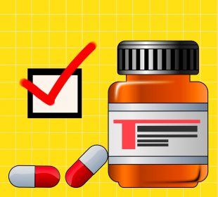 A translucent empty orange pill bottle with two grey and red pills beside it. There is a checkmarked box beside the pill bottle.