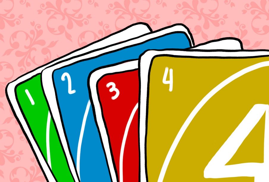 A drawing of four Uno cards: a green one, a blue two, a red three, and a yellow four.