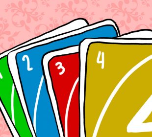 A drawing of four Uno cards: a green one, a blue two, a red three, and a yellow four.