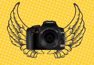An image of a handheld camera overlaid on an image of angel wings, with a yellow background.