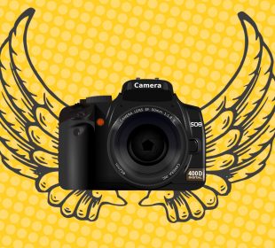 An image of a handheld camera overlaid on an image of angel wings, with a yellow background.