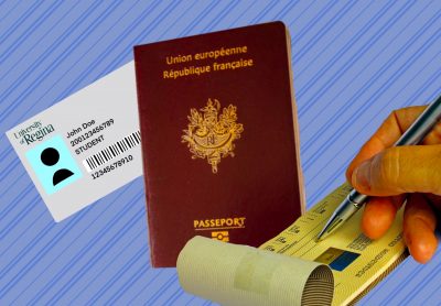 A U of R student ID card is to the left of an EU passport. To the right of this, a hand writes a cheque.