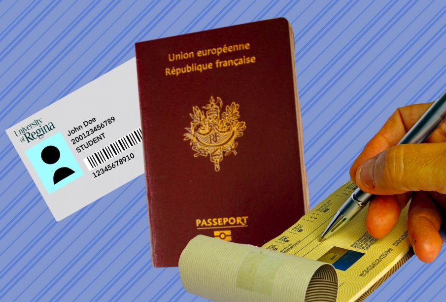 A U of R student ID card is to the left of an EU passport. To the right of this, a hand writes a cheque. 