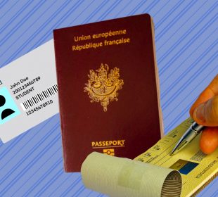 A U of R student ID card is to the left of an EU passport. To the right of this, a hand writes a cheque. 