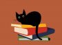 A drawing of a cat sitting on a stack of books. The books under the cat are yellow, red, blue, and green, in that order.