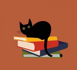 A drawing of a cat sitting on a stack of books. The books under the cat are yellow, red, blue, and green, in that order.