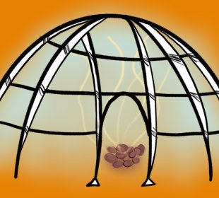A graphic of an uncovered sweat lodge with heated stones in the middle letting off smoke and steam.