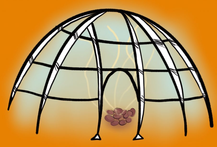 A graphic of an uncovered sweat lodge with heated stones in the middle letting off smoke and steam.