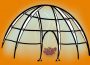A graphic of an uncovered sweat lodge with heated stones in the middle letting off smoke and steam.