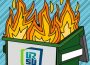 A green dumpster is on fire. URSU’s logo is on the front of it.