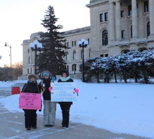 Three people standing with signs/placards at an STF rally in front of the legislative building.