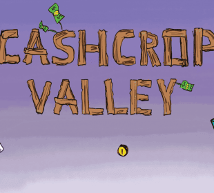 On a blue background in the Stardew Valley font are the words “Cashcrop Valley,” with drawings of money, a diamond, and a “Mustardcard” credit card.