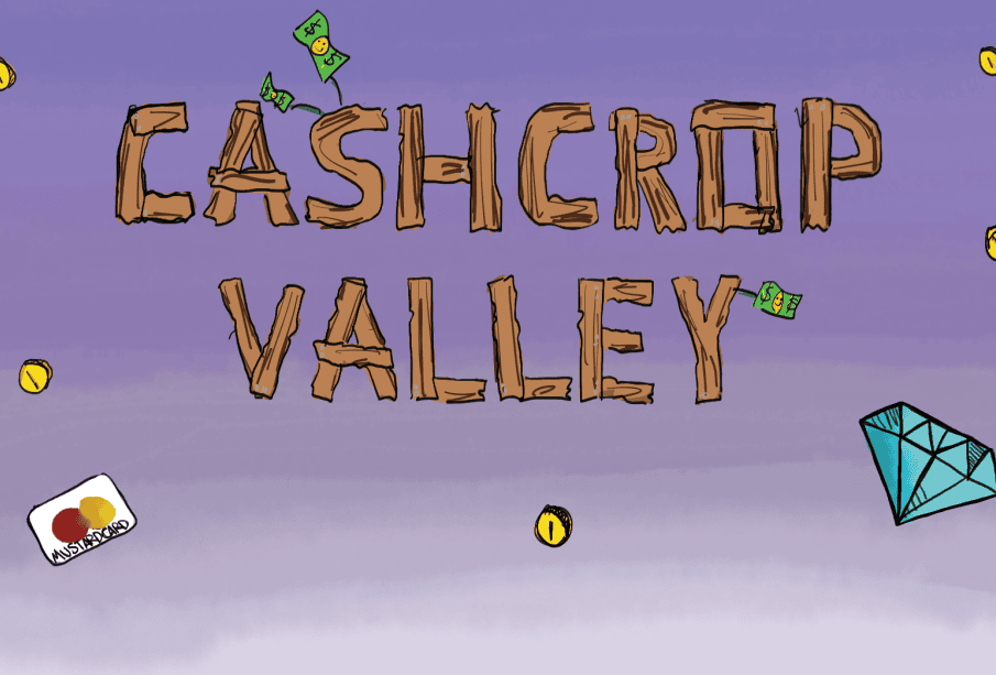 On a blue background in the Stardew Valley font are the words “Cashcrop Valley,” with drawings of money, a diamond, and a “Mustardcard” credit card.