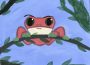 A photograph of a painting of a frog on a tree branch. There are vines and branches that dapple the canvas around the pink frog.